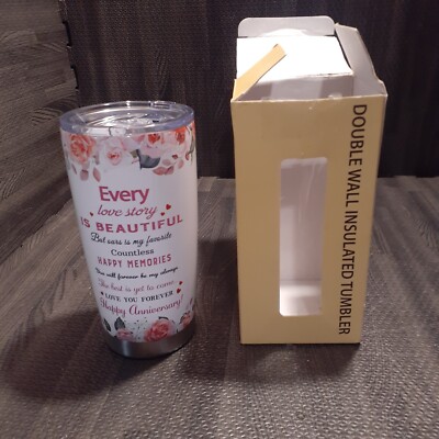 Anniversary Double Walled Tumbler Love Story Coffee Cup 7 Inch Lidded 