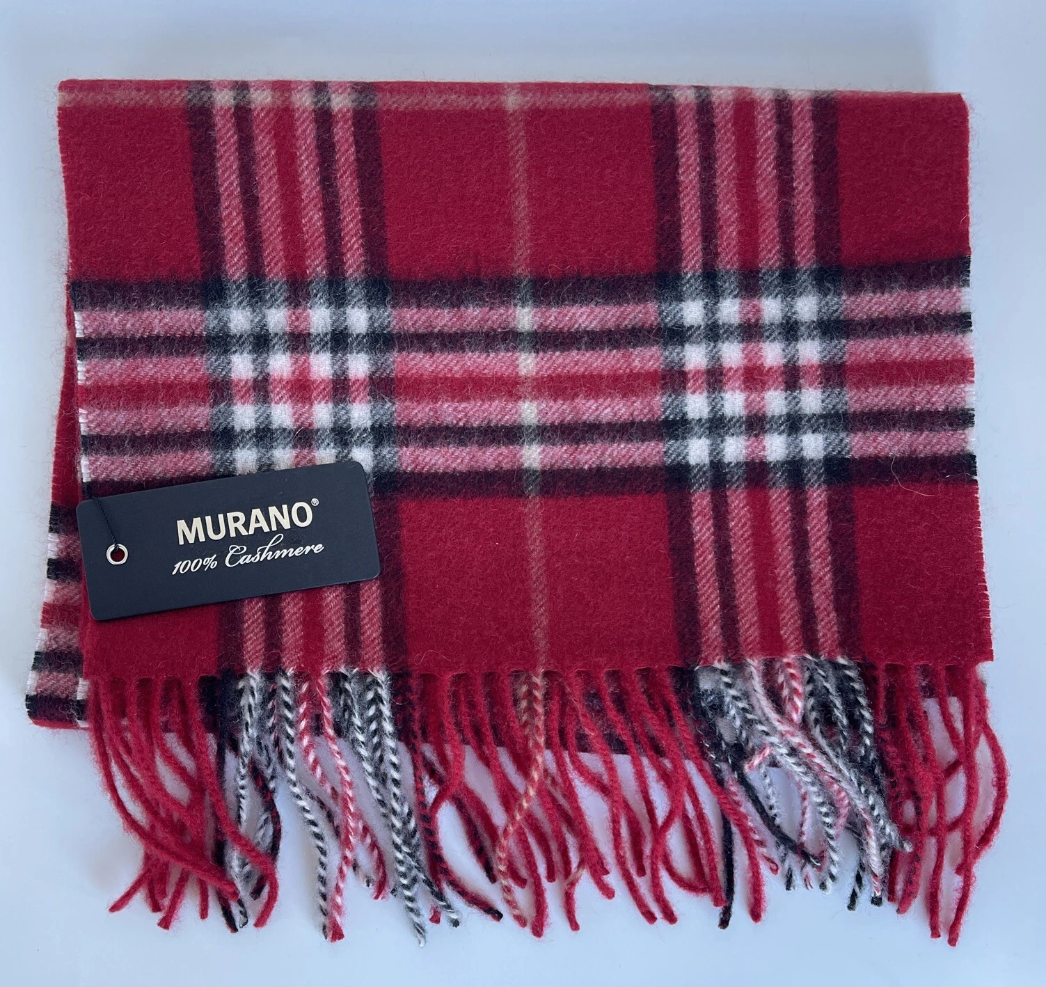 NWT Murano Mens 100% Cashmere Scarf Red Plaid 64"X11” MSRP $110