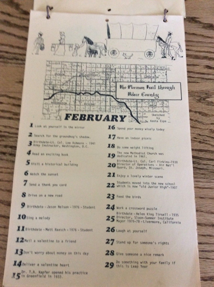 1986 Adair County Greenfield Iowa Perpetual Calendar By Mrs Houston 4Th  Grade | eBay