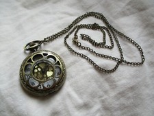 Pocket Watch Bronze Toned Necklace Chain Round Face Stylish
