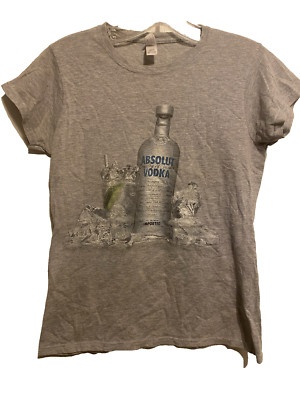ABSOLUT VODKA liquor T shirt wtih bottle and cocktails on gray pre-owned Medium