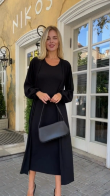 Elegant Black Ribbed Knit Dress & Cardigan Set - Perfect for Fall/Winter