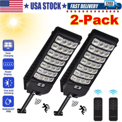 2 Pack Commercial Solar Street Lights LED Outdoor Dusk to Dawn Super Bright Lamp