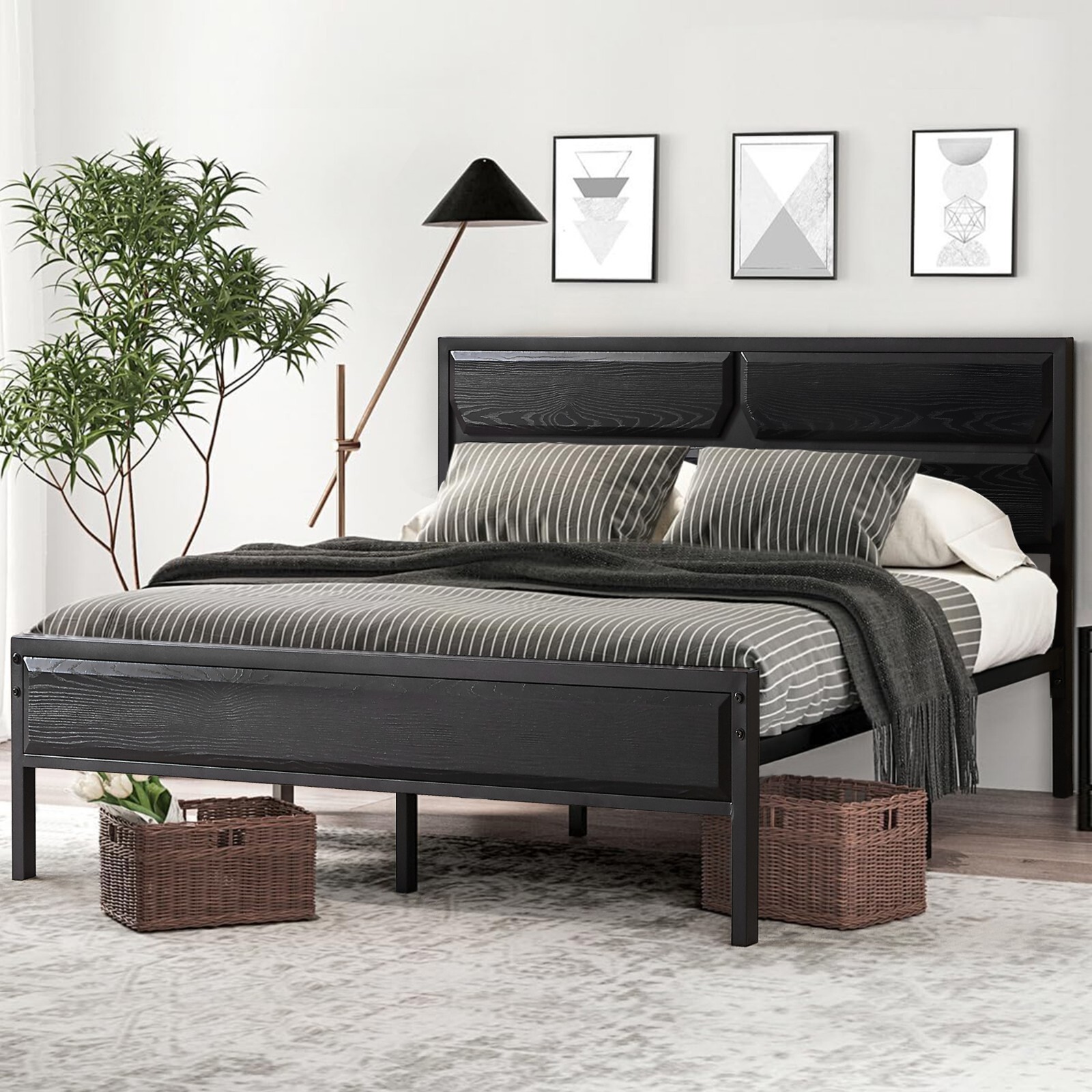 Cadre de lit double avec tête de lit pour chambre parentale style industriel