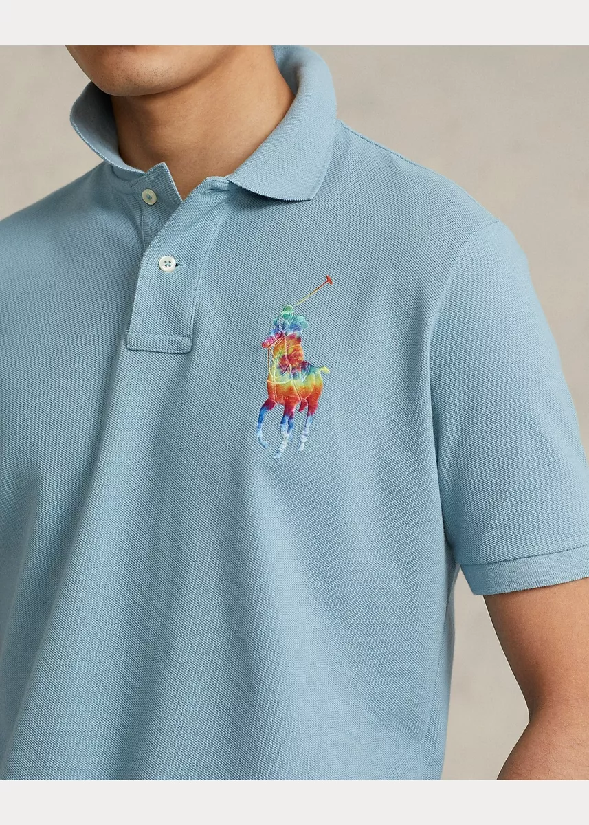 Polo Ralph Lauren Men Classic Fit Rainbow Big Pony Mesh Polo Shirt Aqua Blue