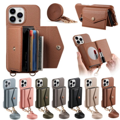 Crossbody Wallet Handyhülle für iPhone 16e 15 16 Pro Max 14 Plus 13 Spiegel Cover