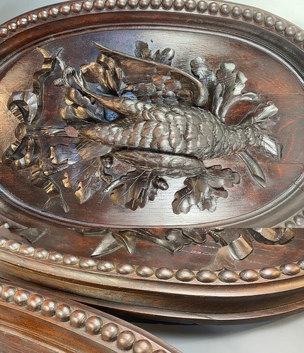 PAIR Antique HC Swiss Black Forest 25" Fruits of the Hunt Game Plaques, Hare + - Picture 6 of 11