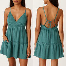 Forever 21 Dress L Teal Strappy Tank Babydoll Ruffle Lined Swiss Dot Coquette