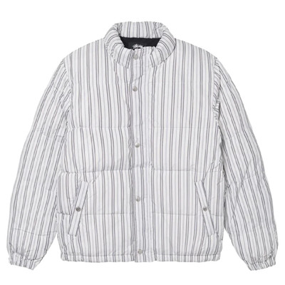 STUSSY 115602 Stripe Down Padded Puffer Jacket Quilt Coat White Bone Navy S-M