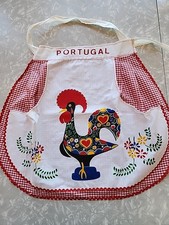 VTG Folk Art Apron Embroidered Rooster Flowers PORTUGAL Cottagecore Boho Gingham