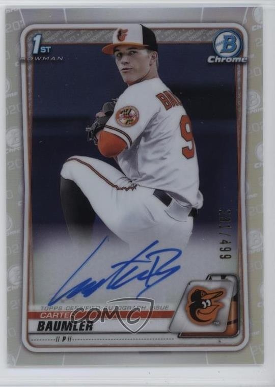 2020 Bowman Draft Chrome Picks Refractor /499 Carter Baumler #CDA-CB Auto 6fs