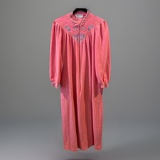 Vanity Fair Robe Duster Women S Vintage Pink Zip Embroidery 3/4 Sleeve Granny