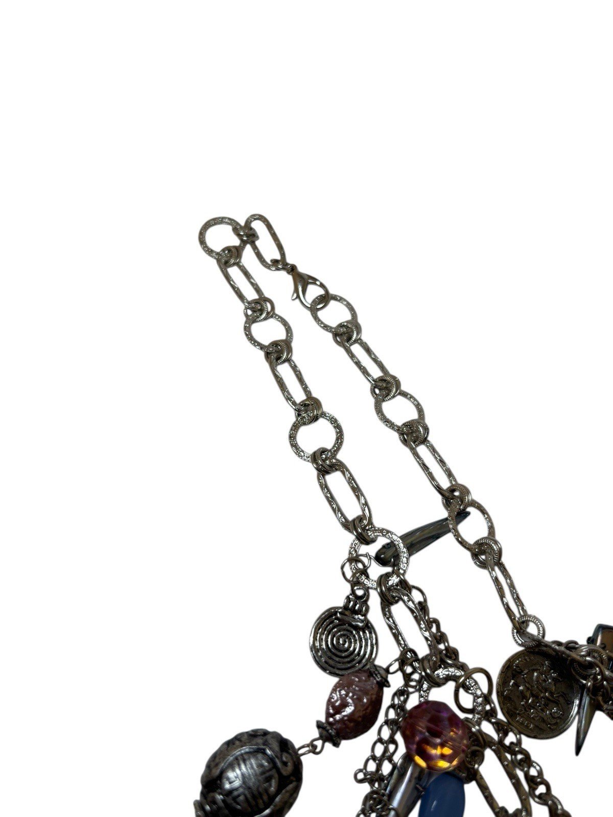 Statement Charm Necklace Silver Tone Multi Bead C… - image 11