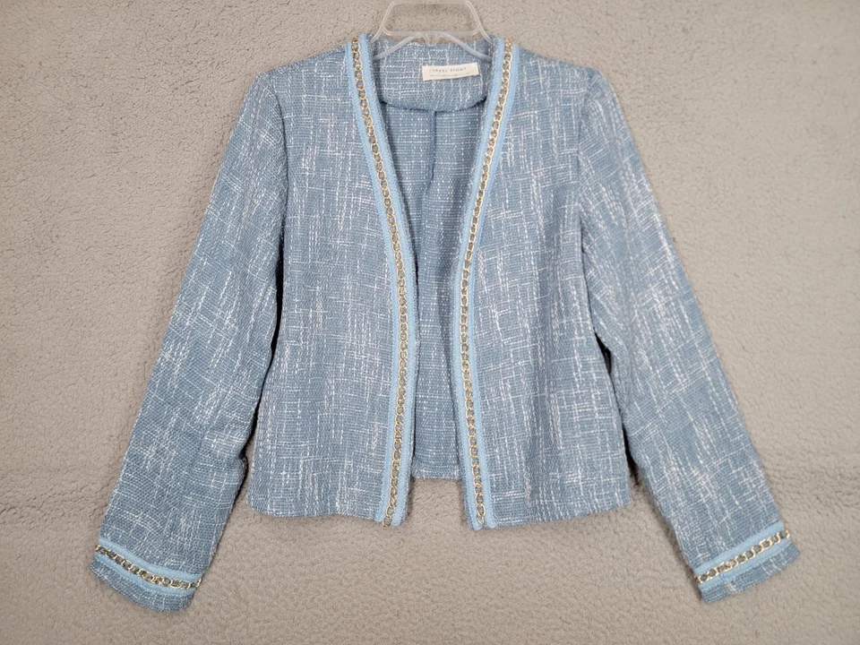 Chaqueta Blazer Azul Tweed Para Mujer Mediana Dorado Detalle Cadena Borde Nivel Ocho Foto 2 de 4