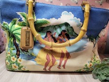 Vtg Bueno Hawaii Theme Canvas Tote Bag Bamboo Handles Artist Toledano Vintage