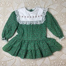Vintage 1980s Bryan Baby Girl 3t Green Floral Ruffle Frilly Bib Collar Dress