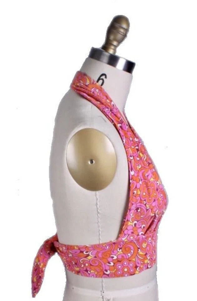 VTG 70s Hot Pink Orange Nylon Halter Top Tie Back Disco Coquette Festival Boho X - Image 4 of 4
