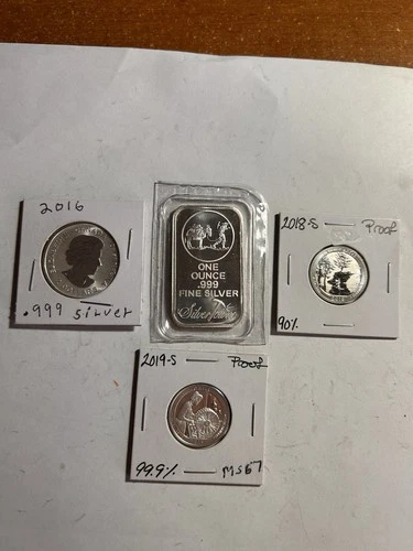 1 Oz .999 Silver Town Bar, + (3) Round Of 90% Silver 2 Are Proof Coin’s