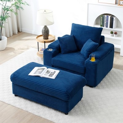 Modern Corduroy Armchair & Storage Ottoman Set Accent Chair w/ Large Deep Seat