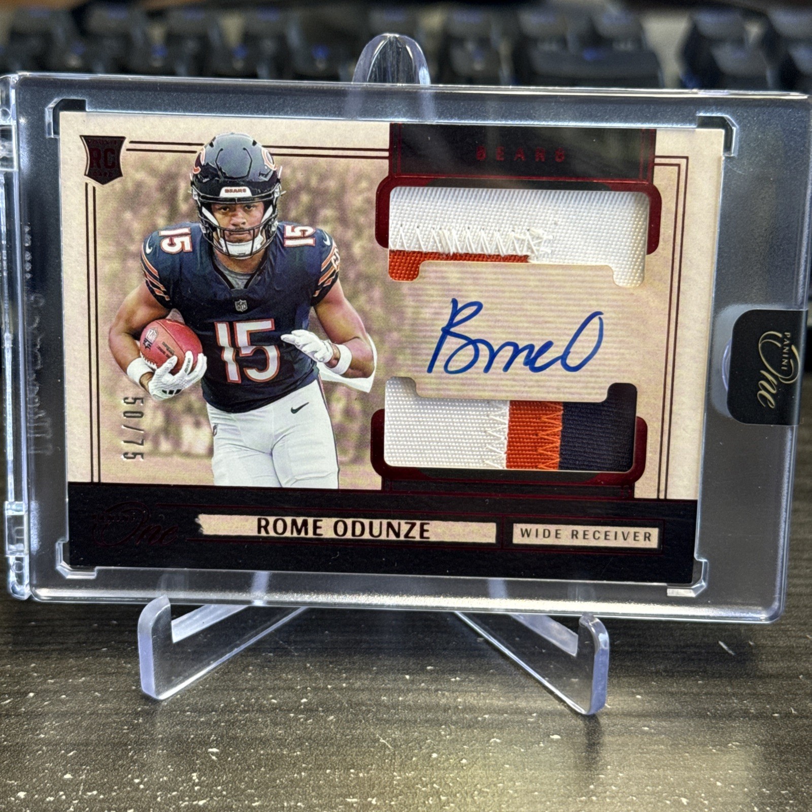 2024 Panini One Rookie Dual Patch Autographs Rome Odunze #34 Red /75 (AU,MEM,RC)