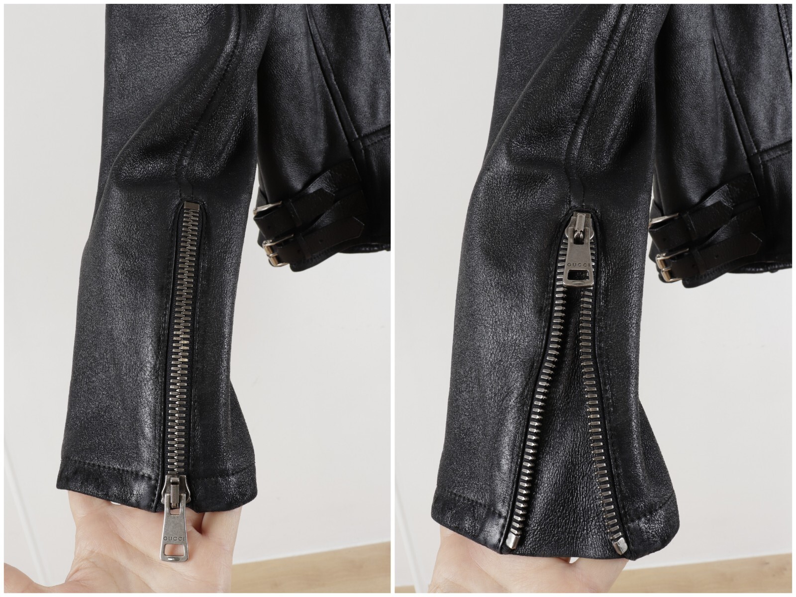 Women's Gucci Size IT44 Black Leather Shearling Lining Miltipocket Biker Jacket image 7