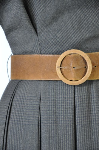 50s Teal Traina Brown Tartan Glen Plaid Wool Pleated Suede Belt Dress Women S - Picture 7 of 16