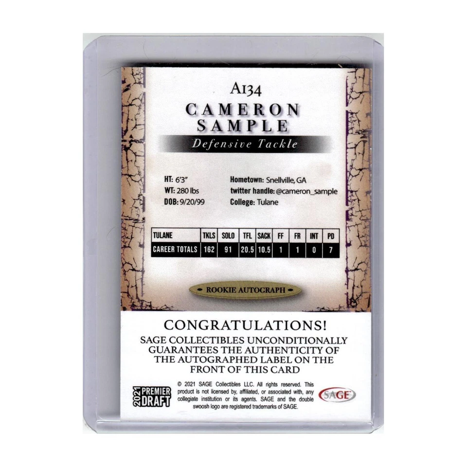 2021 SAGE Premier Draft Autographs Cameron Sample #A134 - Image 2 of 3