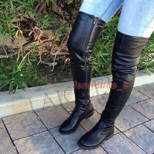 Over Knee Women Boots Thigh High Side Zip Low Chunky Heels Faux Leather ...