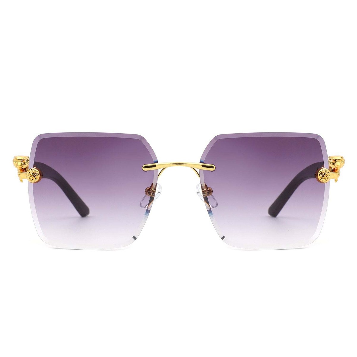 Designer Luxury Gold Emblem Rimless Hip Hop Rapper Square Purple Lens  Sunglasses