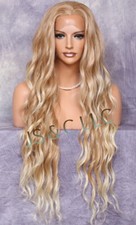 Human Hair Blend HEAT OK Blonde mix Lace Front Wig Wavy long 37" JSTA T27/613