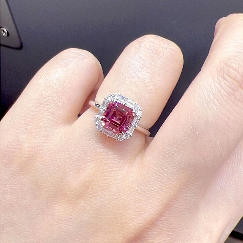 Anillo de compromiso vintage de plata 925 chapado en oro blanco turmalina rosa corte Asscher Foto 3 de 4