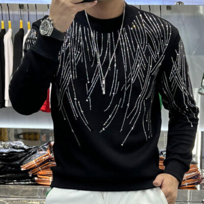 Men Luxury Diamond Rhinestones Fashion Black Pullover High Quality