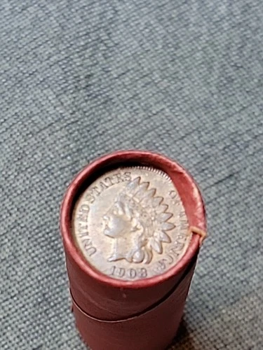 Terrific Au 1908 Indian Head & S Mint Reverse Ends Of Lincoln Wheat Cent Roll
