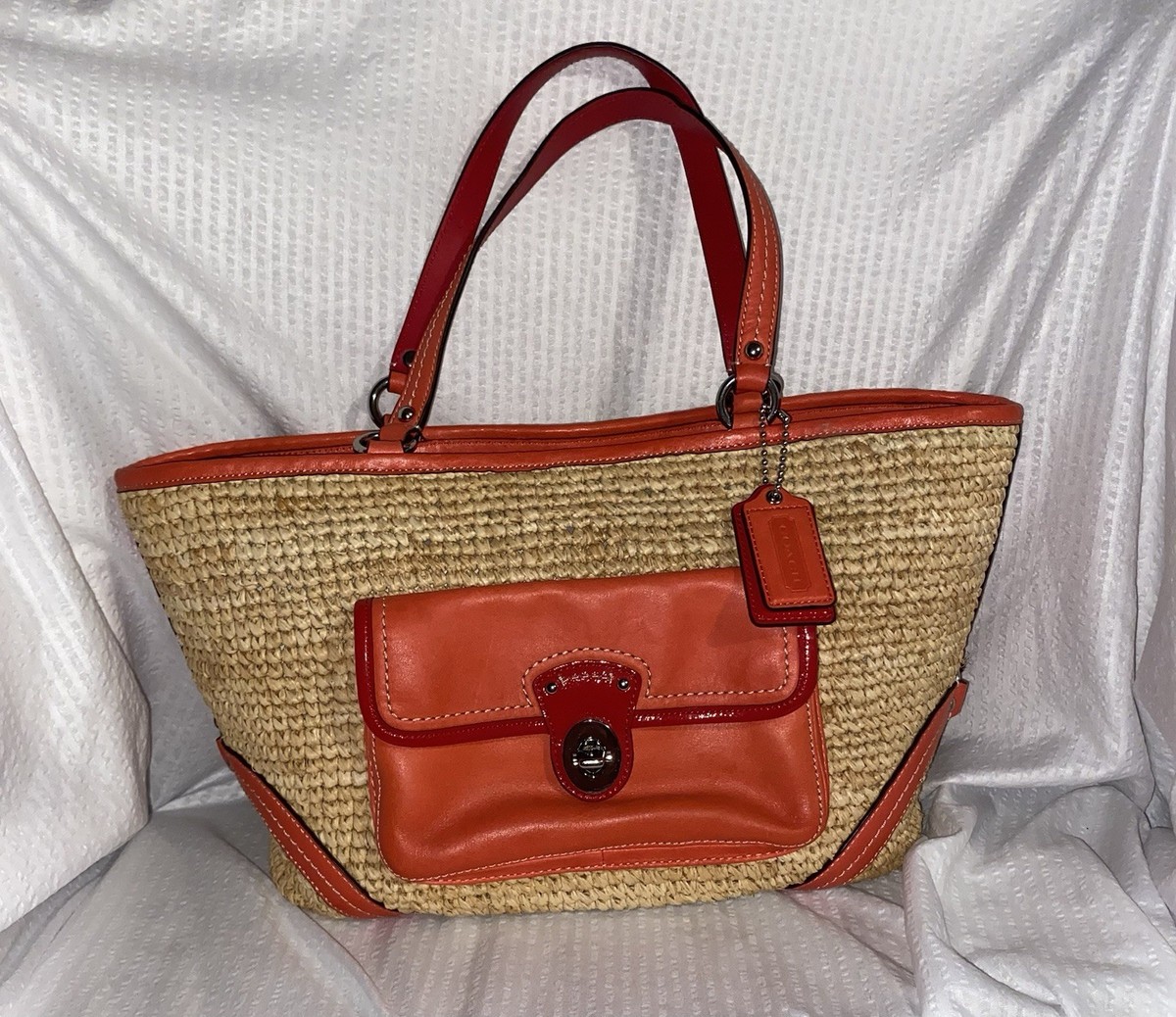mo  Coach 22904 Straw Tote Shopper Shoulder Bag with Orange Leather