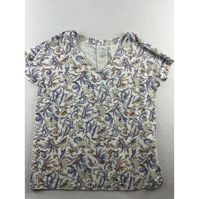 J. Jill Luxe Supima Pleat-Back Tee XS White Floral Paisley V-Neck Short Sleeve