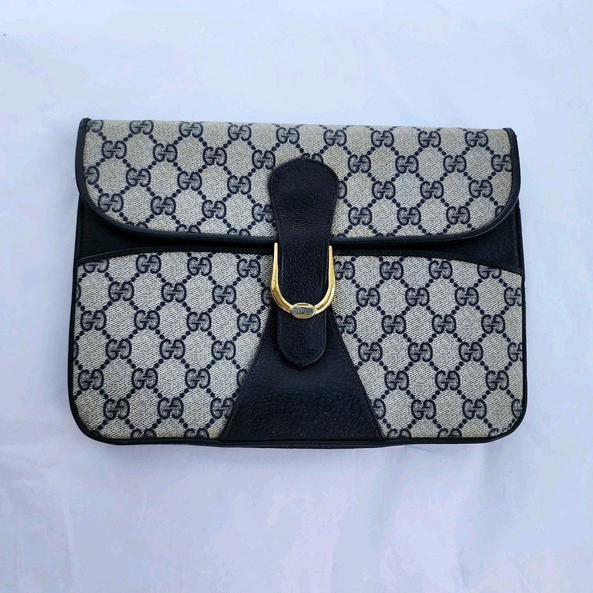 VINTAGE Gucci GG Web Coated Canvas Shoulder Bag Blue White Leather