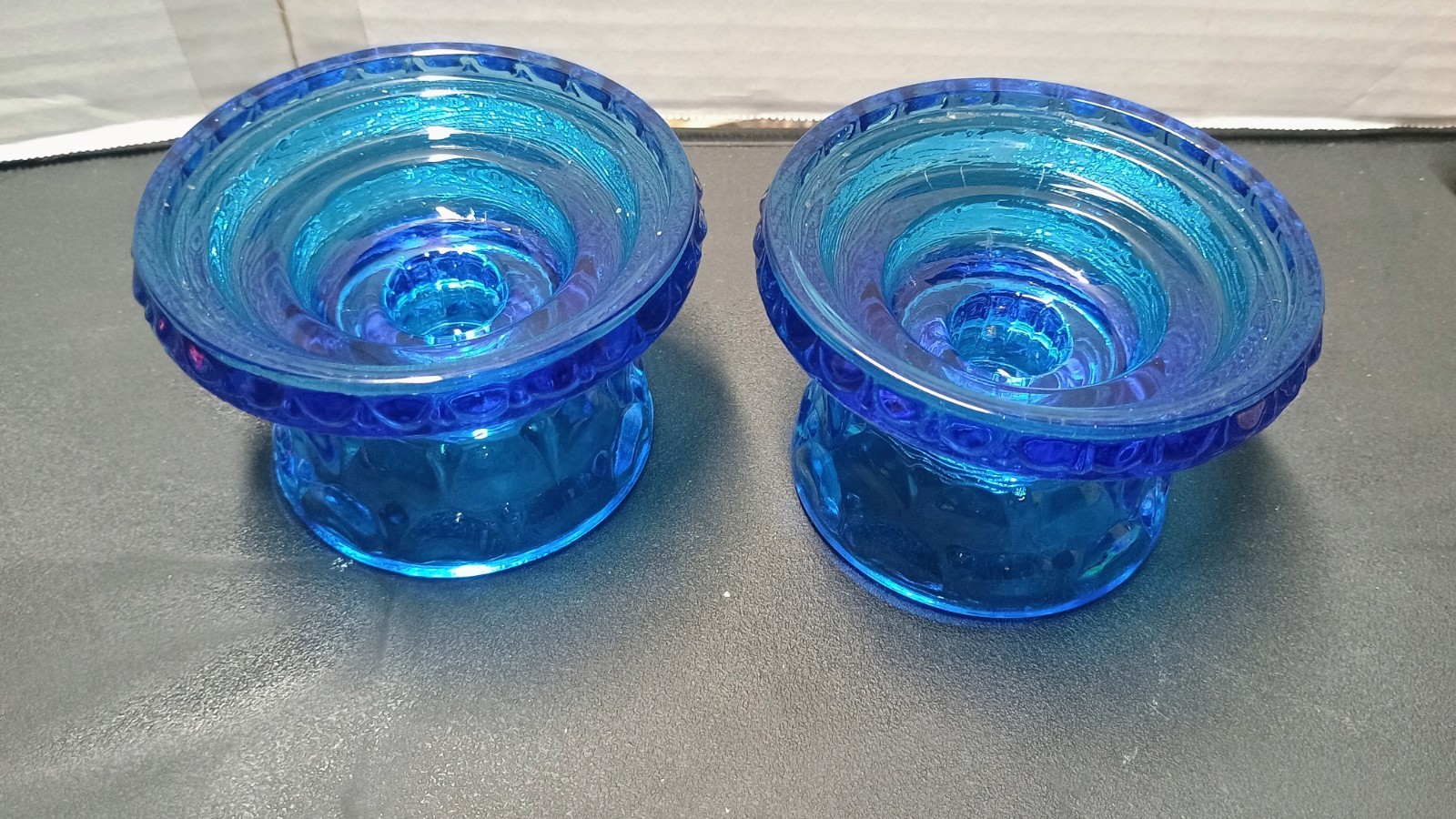 Vintage pair glass convertible candle holders cobalt blue taper votive pillar