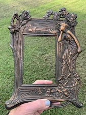 Art Nouveau Style Cast Iron Picture Frame Copper Wash Figure Floral Easel Stand