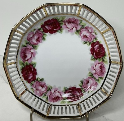 Vintage Schumann Plate Arzberg Germany Reticulated Porcelain Pink Roses Gold Rim
