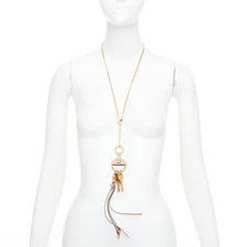 CHLOE Nicole brown leather gold Happy key chain bag charm long necklace