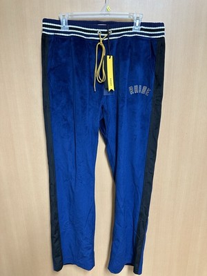 RHUDE Men s Size L Velour Track Pants Navy With Black Side Stripe - Suede