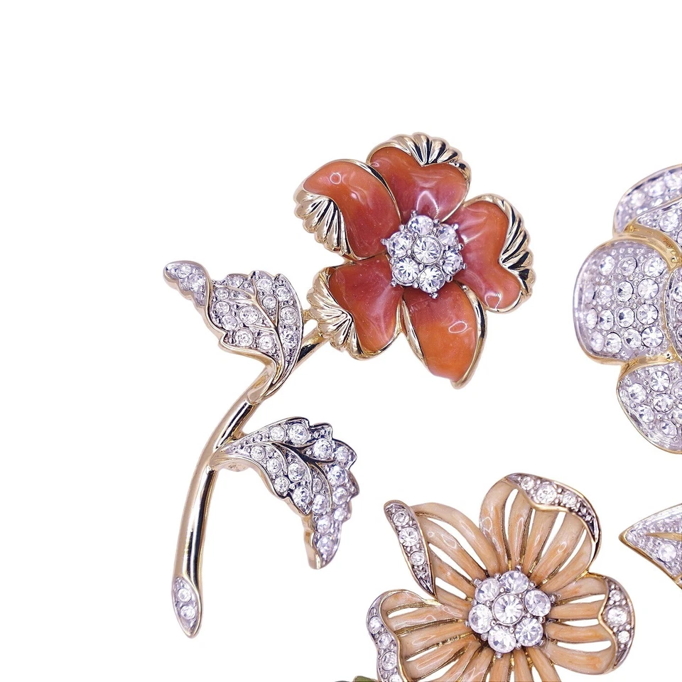 Juego de broches florales vintage glamour Nolan Miller diamantes de imitación pavé y flores esmaltadas Foto 4 de 4