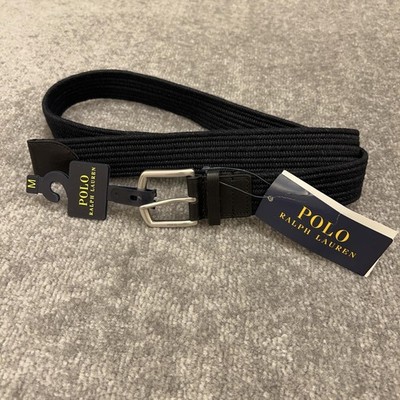 Polo Ralph Lauren Belt Mens Medium Black Woven Stretch Leather NEW $89.50