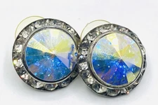 Round Iridescent & Sparkling Bezel Set Clear Stones Button Pierced Earrings E3