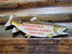 VINTAGE WINCHESTER PORCELAIN SIGN OLD FISHING TACKLE LURES SOLD HERE TROUT FISH