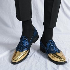 Men's Pointed Toe Patchwork Floral Print Shoes Formal Dress Slip On Loafers