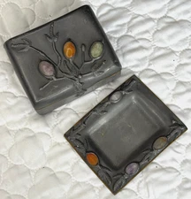 Antique Art Nouveau Chinese Pewter Hinged Box + Tray w/ Mounted Stone
