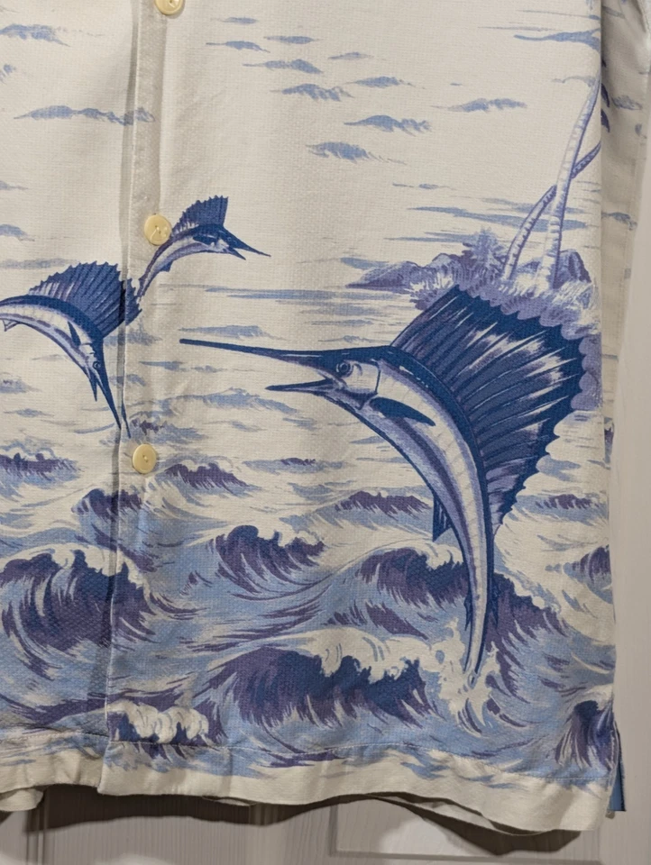 Tommy Bahama Shirt Silk Men’s Size L Beige Original Fit Santiago Sailfish Camp - Image 4 of 4