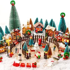 100 Pcs Christmas Village Set LED Lighted Christmas Village Houses Accessorie...