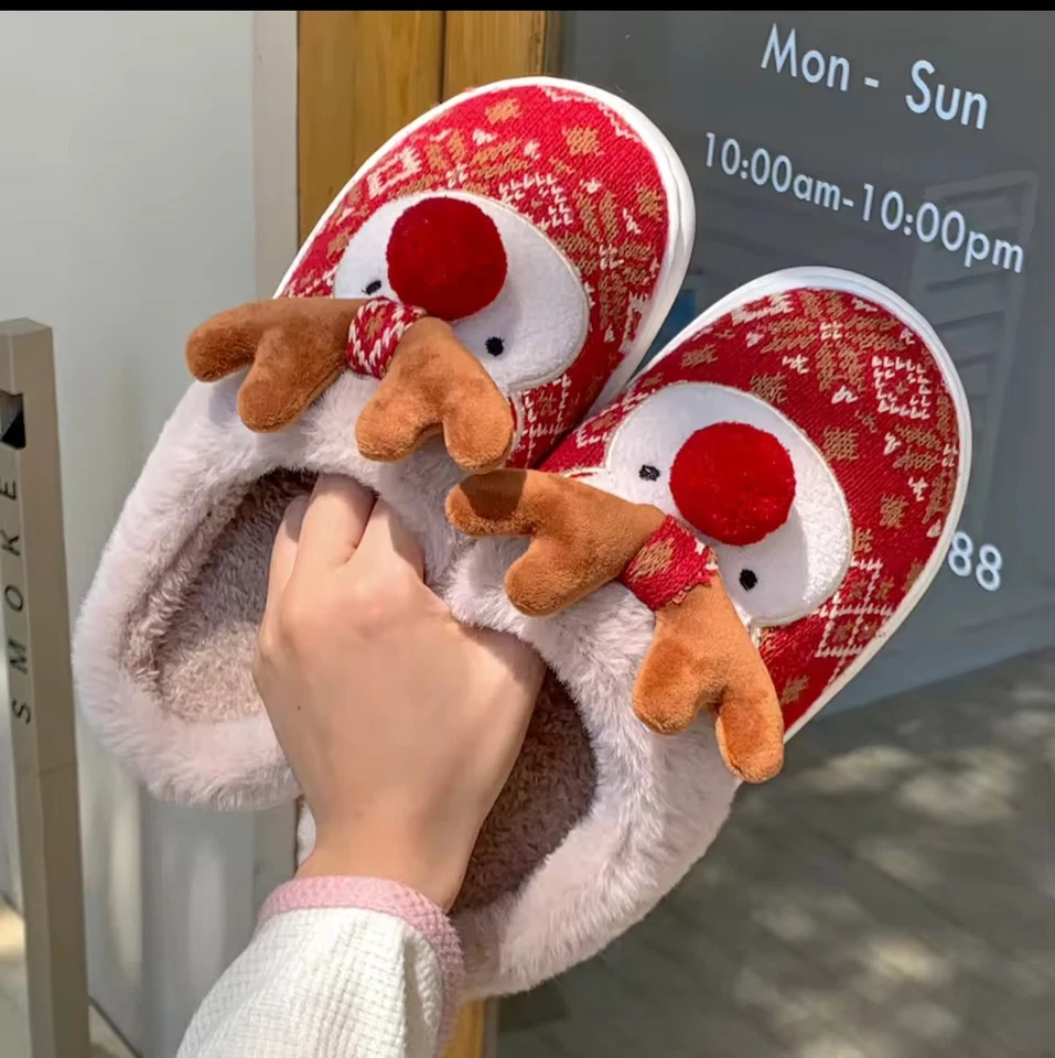 Lindas pantuflas de algodón con dibujos animados para mujer Navidad ciervo antideslizante casa Foto 3 de 4